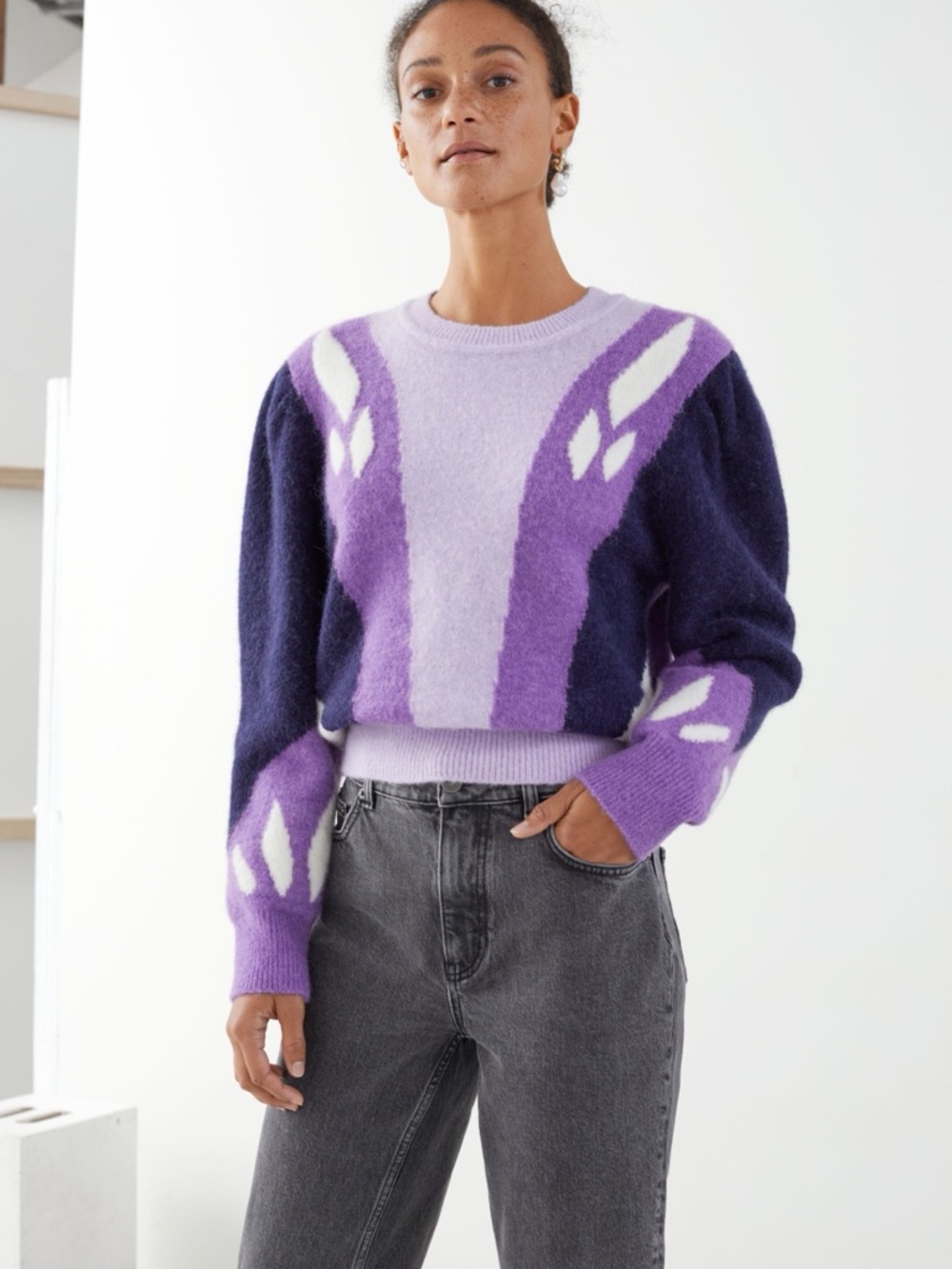 & Other Stories Lavender and Navy Patterned Crewneck Sweater